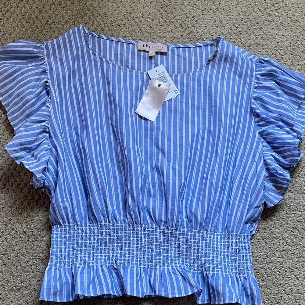 Philosophy Ruffled Blue and White Striped Blouse